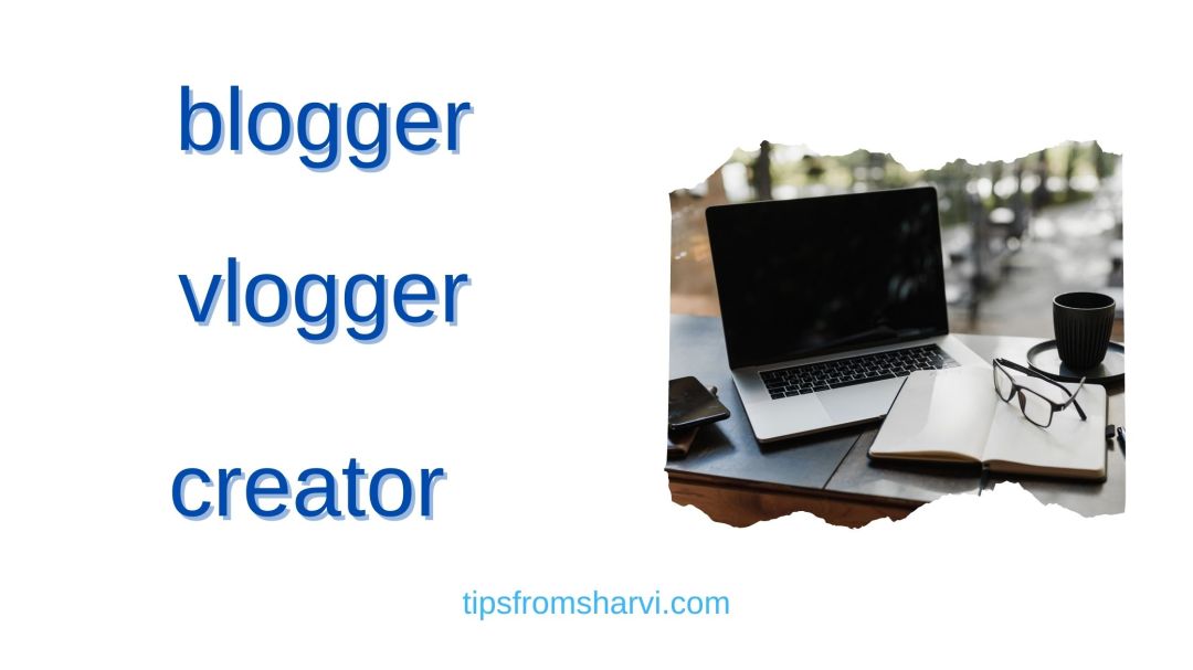 Cozy home office. Text: blogger vlogger creator, tipsfromsharvi.com.