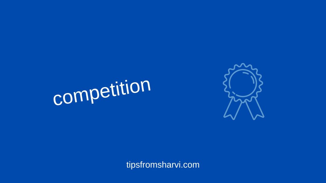 Blue prize ribbon. Text: competition, tipsfromsharvi.com.