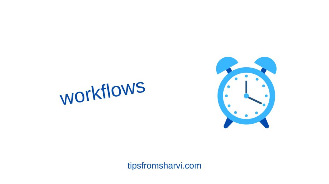 Blue clock. Text: workflows, tipsfromsharvi.com.