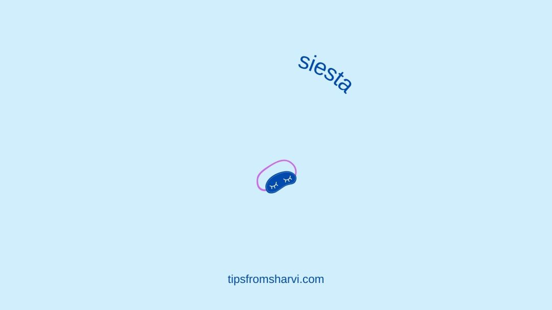 Blue sleep mask. Text: siesta, tipsfromsharvi.com.